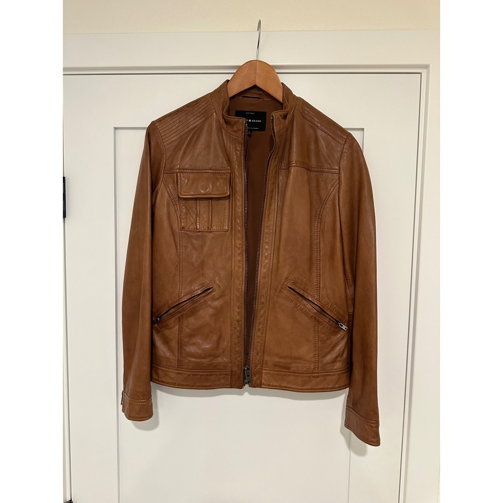 Lucky Brand Leather Moto Jacket Quilted Shoulder Biker Brown Tan Cognac Small